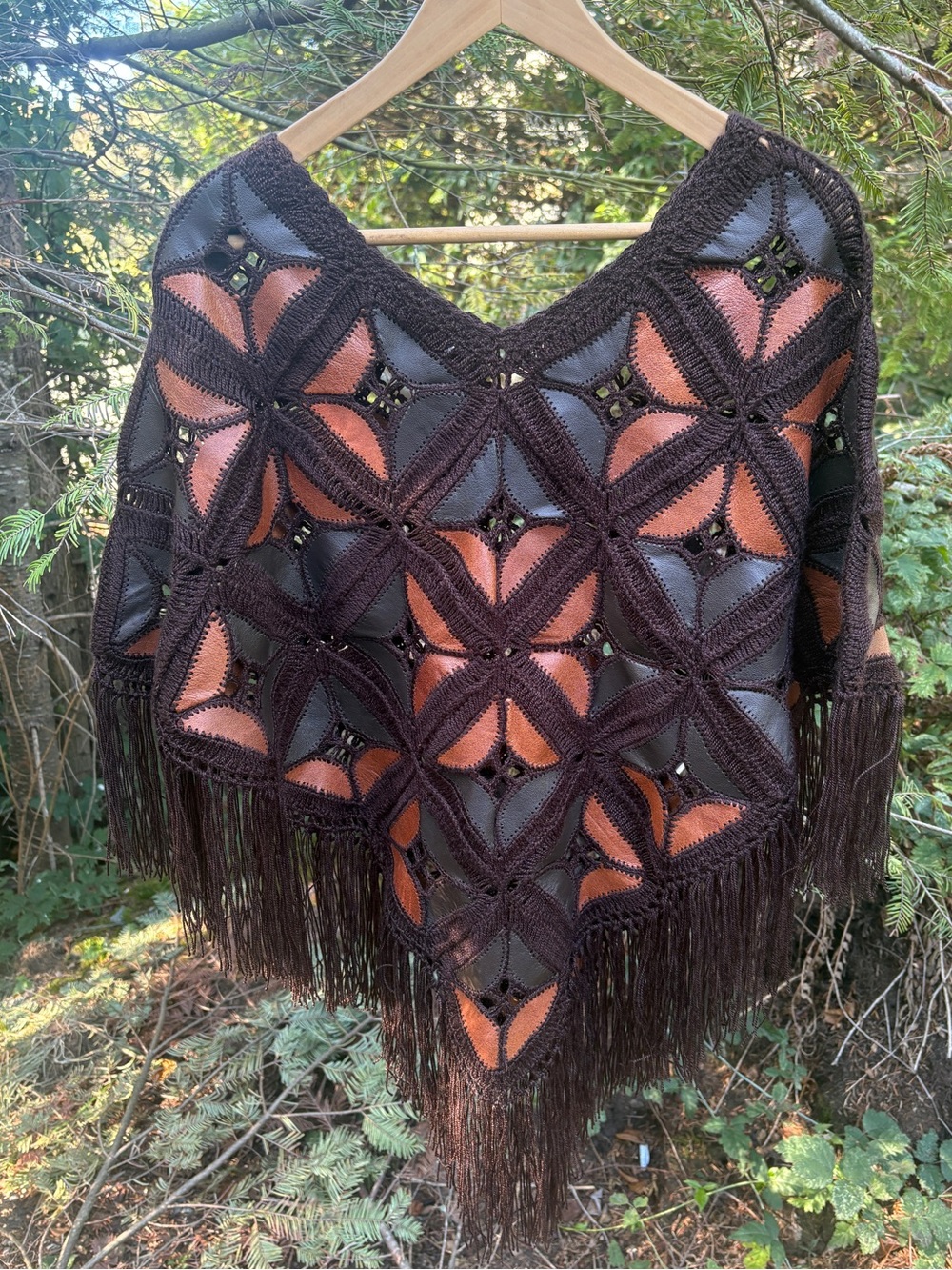 Vintage Patchwork Leather & Crochet Fringe Poncho